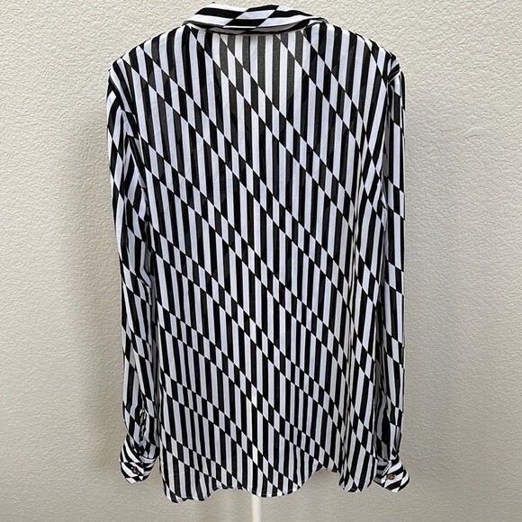 Volcom Size Medium Black White Sheer Blouse Striped Button Down Top Lightweight - Picture 5 of 5